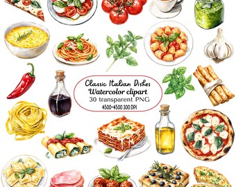 watercolor italian food clipart bundle classic pasta pizza bread herbs png transparent background digital food illustration digital download