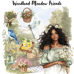 Puede incluir: Ilustraci&oacute;n en acuarela que presenta a una mujer con una corona y un ramo de margaritas, rodeada de elementos del bosque. Incluye un p&aacute;jaro azul, una lib&eacute;lula, una cesta de picnic y c&oacute;cteles. El texto en la parte superior dice "Woodland Meadow Friends."