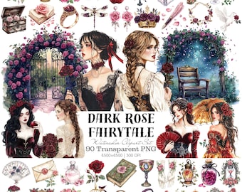May include: A watercolor clipart set titled "Dark Rose Fairytale" featuring various gothic and romantic elements. The image includes illustrations of women, roses, jewelry, and other decorative items. The set contains 90 transparent PNG files.