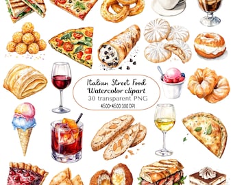 watercolor italian food clipart bundle bakery sweet coffee wine pastry png transparent background digital food illustration instant download