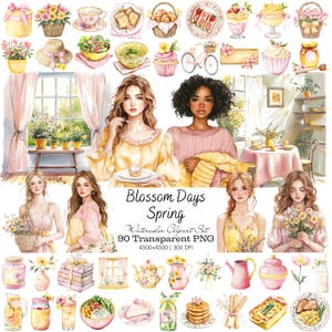 Peut inclure: Ensemble de cliparts aquarelle intitulé "Blossom Days Spring", comprenant des illustrations de femmes, de nourriture, de fleurs et d'éléments décoratifs. L'ensemble comprend 90 images PNG transparentes, avec une résolution de 4500x4500 pixels à 300 DPI.