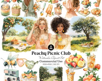Picnic de melocotones, imágenes prediseñadas de verano, fruta rosa suave, acuarela PNG, conjunto estético cottagecore, melocotones, pegatina para agenda, descarga digital, uso comercial