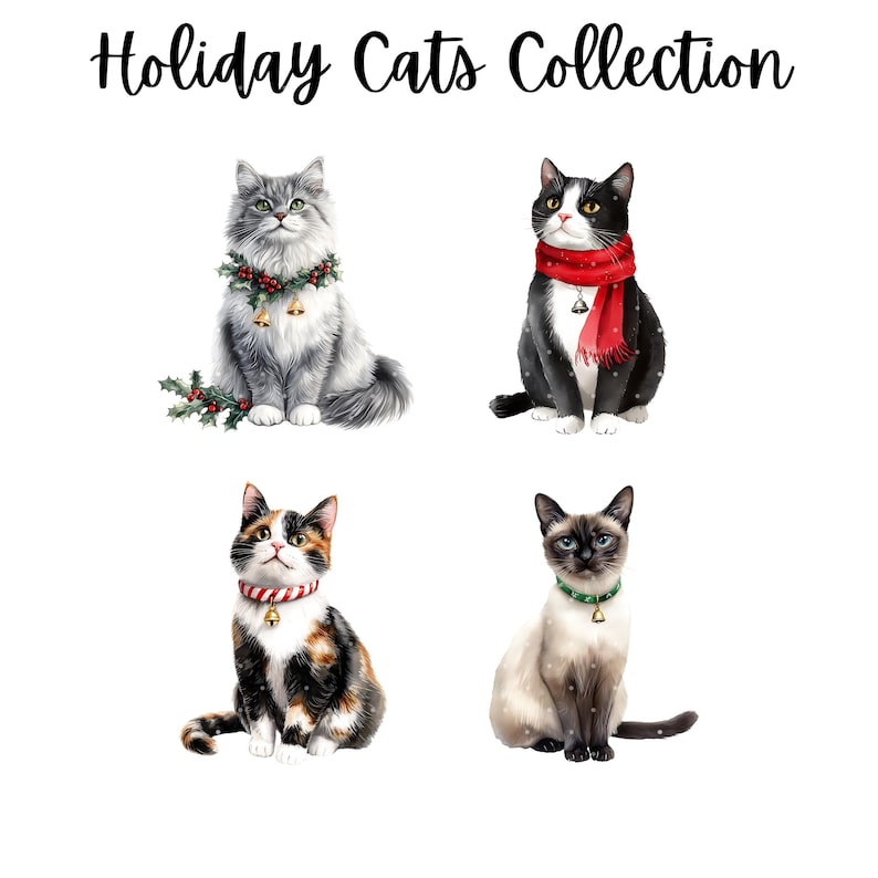 Christmas Kittens Clipart Watercolor Winter Cat PNG Holiday Pets Bundle ...