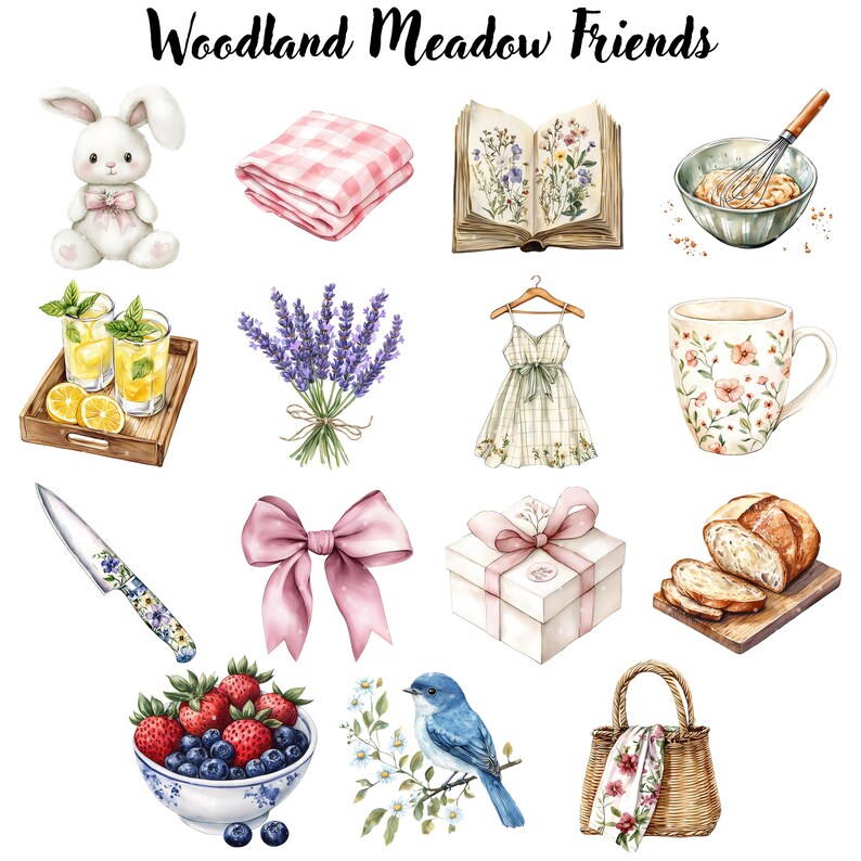 Puede incluir: Ilustraci&oacute;n en acuarela con una colecci&oacute;n de elementos tem&aacute;ticos del bosque. Incluye un conejito, una manta de picnic, un libro abierto, un cuenco para mezclar, bebidas, lavanda, un vestido, una taza, un cuchillo, un lazo, una caja de regalo, pan, un cuenco de bayas, un p&aacute;jaro y una cesta de picnic.