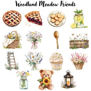 Puede incluir: Ilustraciones en acuarela de tem&aacute;tica de bosque. Incluye una tarta, galletas, un tarro de limonada, una cesta de flores, ramos, una cuchara de madera, un letrero de madera con margaritas, una escalera, una magdalena, un oso de peluche, un tarro de flores y una linterna.