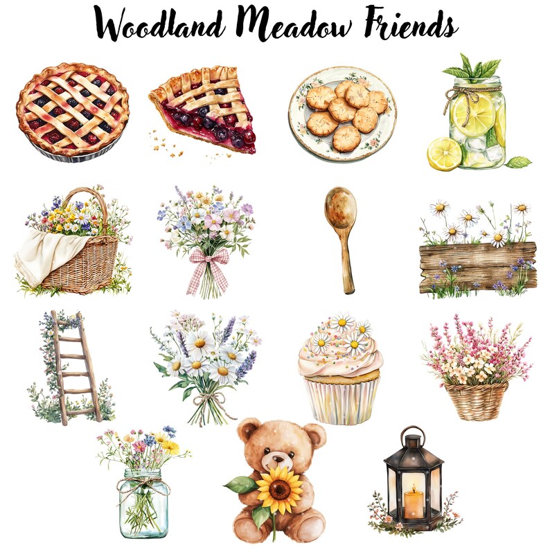 Puede incluir: Ilustraciones en acuarela de tem&aacute;tica de bosque. Incluye una tarta, galletas, un tarro de limonada, una cesta de flores, ramos, una cuchara de madera, un letrero de madera con margaritas, una escalera, una magdalena, un oso de peluche, un tarro de flores y una linterna.