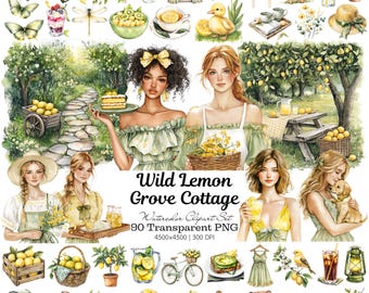 Imágenes prediseñadas de acuarela de bosque veraniego con limones y casitas de campo (PNG). Set de imágenes prediseñadas con animales acogedores y escenas de picnic. Descarga digital para manualidades, planificadores e invitaciones.