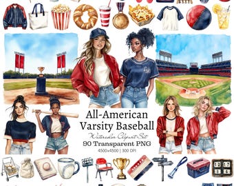 Imágenes prediseñadas de béisbol, estadio, deportes universitarios, acuarela, conjunto PNG, arte de béisbol, gráficos para fanáticos, elementos de juego de equipo, planificador digital, paquete de pegatinas deportivas