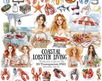 coastal lobster clipart watercolor seafood bundle nautical png summer beach clipart png planner feminine printable graphics instant download