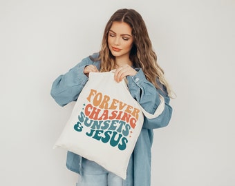 Sunset and Jesus Canvas Tote Bag, Religious Tote, Bible Tote Bag, Church Tote Bag, Teacher Tote Bag, Gift for Women, Reusable Grocery Bag