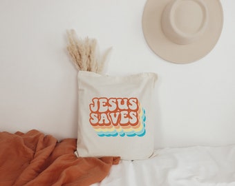 Jesus Saves Canvas Tote Bag, Religious Tote, Bible Tote Bag, Church Tote Bag, Teacher Tote Bag, Gift for Women, Reusable Grocery Bag