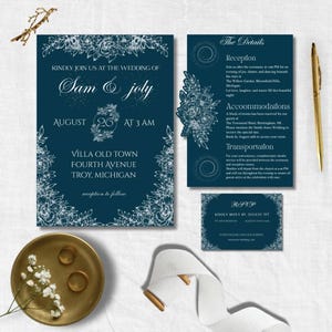 Ensemble bleu marine de faire-part de mariage | Invitation modifiable + RSVP + carte de détails | Modèle imprimable de luxe | Téléchargement numérique