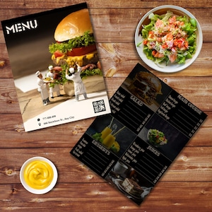 Luxe hamburgermenu • Beige en zwart elegant ontwerp • AI-verbeterde bewerkbare sjabloon • Premium digitaal menu voor gastronomische burgers