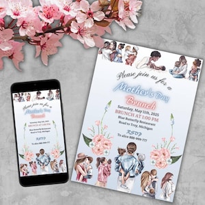 Elegant Mother's Day Invitation | Blue & Pink Floral | Printable , Digital Card