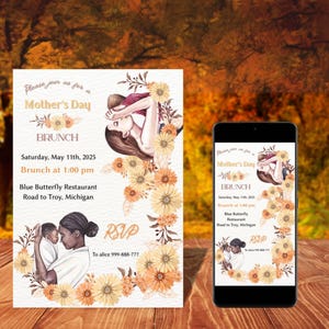 Invitation fête des mères de luxe | Orange , jaune | Carte élégante numérique imprimable
