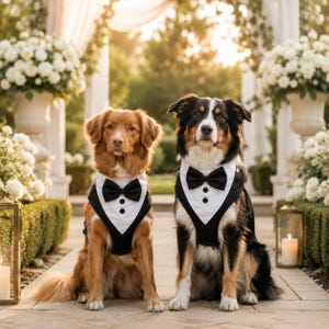 Könnte beinhalten: Zwei Hunde sitzen nebeneinander und tragen jeweils ein formelles Geschirr im Smoking-Stil. Das Geschirr hat eine weiße Hemdfront, eine schwarze Fliege und zwei schwarze Knöpfe. Die Hunde sitzen auf einem Steinweg, einer mit goldenem und einer mit schwarz-weiß-braunem Fell.
