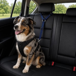 Könnte beinhalten: Ein blauer, verstellbarer Sicherheitsgurt für Hunde, befestigt an einem schwarzen Netzgeschirr, das von einem Merle-Australian-Shepherd getragen wird, der auf einem schwarzen Ledersitz sitzt. Der Gurt wird an der Kopfstütze befestigt.