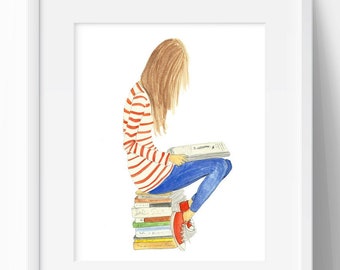 illustration book lover watercolor girl with books and stripes print