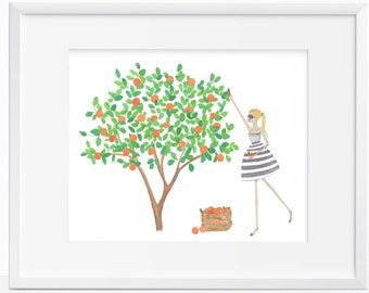 Watercolor fashion illustration - orange picking - florida - girly art print 10x8 - home decor