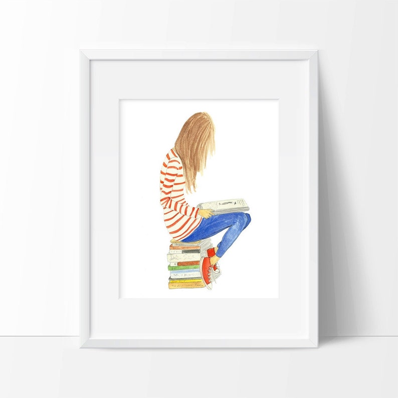 illustration book lover watercolor girl with books and stripes print image 1