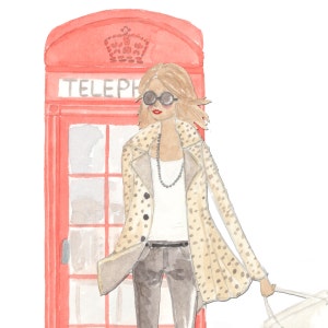 fashion illustration, watercolor painting, london art print, leopard print art, fashion art, british art print, british icon image 1