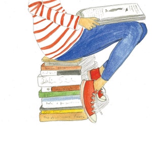 Ilustración amante del libro de acuarela chica con libros y estampado de rayas imagen 4