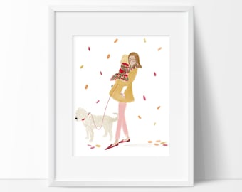 Fall wall art - fashion illustration - mother and daughter - art print - girly artwork - watercolor artwork