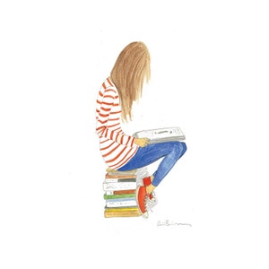 illustration book lover watercolor girl with books and stripes print image 2