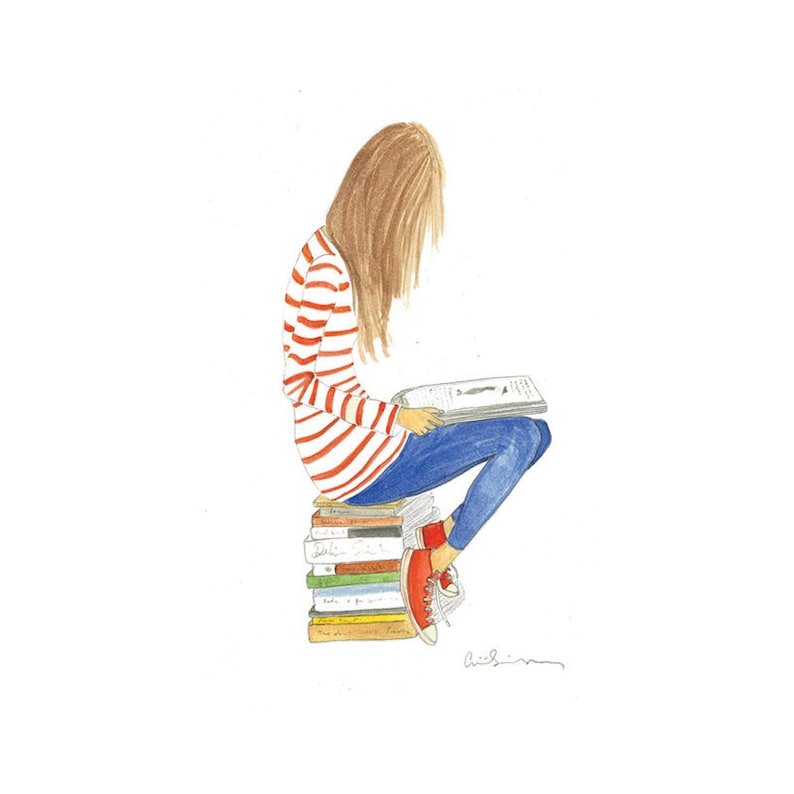 Ilustración amante del libro de acuarela chica con libros y estampado de rayas imagen 2