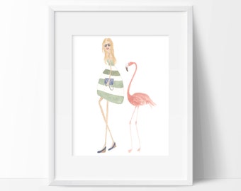 flamingo art - fashion illustration - watercolor - art print - 10 x 8 art print