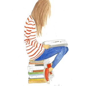 Ilustración amante del libro de acuarela chica con libros y estampado de rayas imagen 3