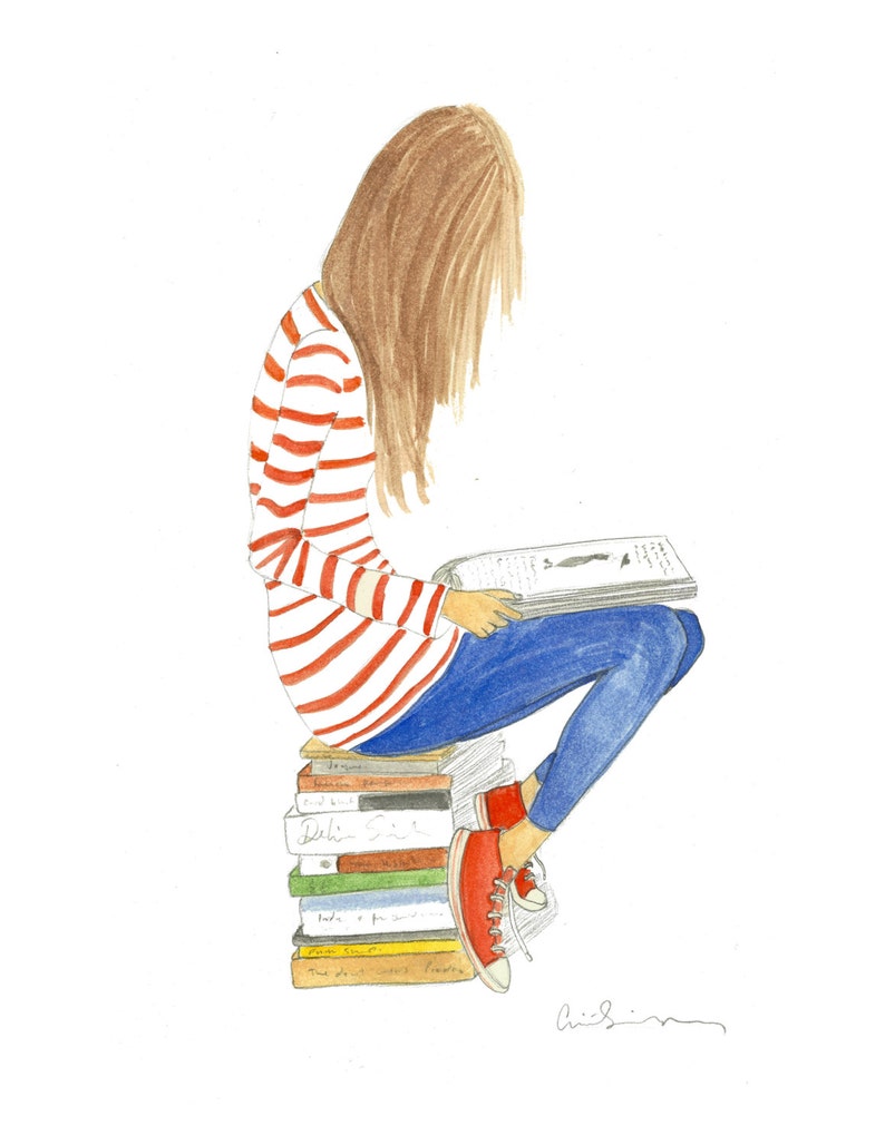 Ilustración amante del libro de acuarela chica con libros y estampado de rayas imagen 3