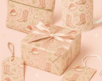 カウガールクリスマスデジタルペーパー、ピンクのウエスタンホリデーシームレスパターン、キラキラカウガールハット＆ブーツPNG