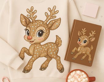 Reno navideño con diamantes de imitación PNG, ciervo con purpurina brillante, descarga digital