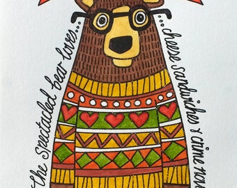 Spectacled Bear in Autumn Jumper -- Hand Painted Limited Edition Gocco Print
