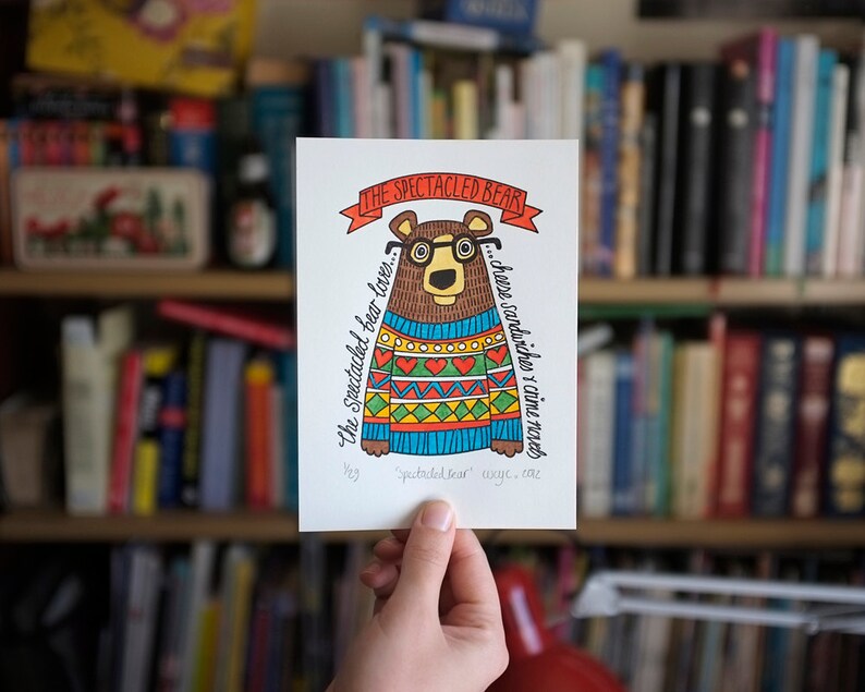 Spectacled Bear in Spring Jumper Hand Painted Limited Edition Gocco Print image 3