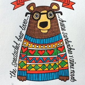 Spectacled Bear in Spring Jumper Hand Painted Limited Edition Gocco Print image 1