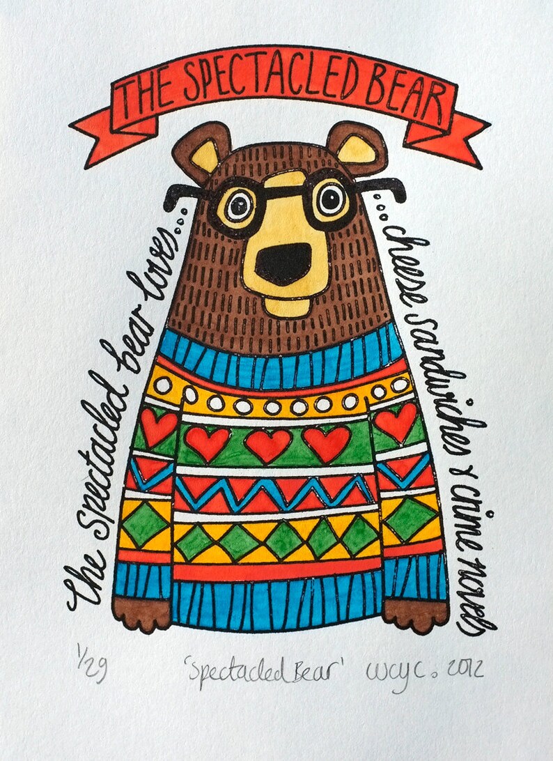 Spectacled Bear in Spring Jumper Hand Painted Limited Edition Gocco Print image 1