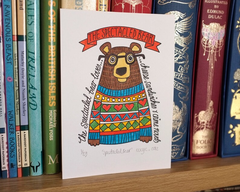 Spectacled Bear in Spring Jumper Hand Painted Limited Edition Gocco Print image 4