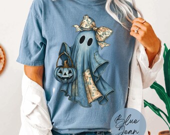 Comfort Colors Halloween Blue Denim Ghost Shirt, Cute Boo Shirt, Ghost Coquette Shirt,  Fall Pumpkin Spooky Season Shirt, Halloween Gift