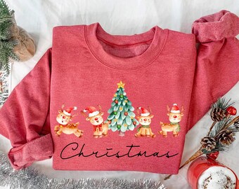 Cute Reindeer Christmas Santa Sweatshirt, Reindeer Xmas Holiday Sweatshirt, Christmas Tree Winter Sweatshirt