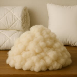 May include: A pile of fluffy, cream-colored material, possibly batting or stuffing, sits on a wooden surface. A rolled-up, quilted blanket and a white pillow are in the background, suggesting bedding or home decor.