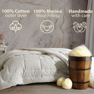 Natural Wool Quilt with Cotton Cover, 100% Wool Duvet, Hypoallergenic Cotton Bedding, All-Season Handmade Australian Wool Comforter