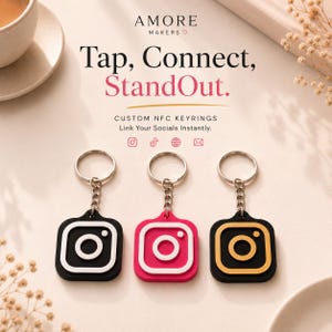 May include: Three square NFC keyrings with metal split rings, featuring the Instagram logo in white on black, white on pink, and gold on black. Text reads: AMORE MAKERS, Tap, Connect, StandOut. CUSTOM NFC KEYRINGS, Link Your Socials Instantly.