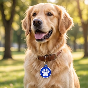 Pode incluir: Um golden retriever de pelo longo castanho-claro, usando uma coleira de couro castanha com uma etiqueta redonda de metal azul com um desenho de pata branca. O cão tem um nariz escuro, olhos atentos e a boca aberta com a língua visível.