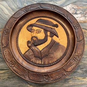 Vintage Folk Art Wood Engraved Platter Bowl