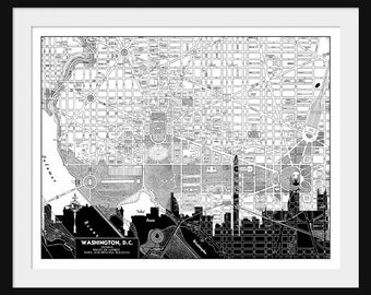 Washington DC  Map -  Washington DC Skyline - Print Poster - Vintage - Black and White