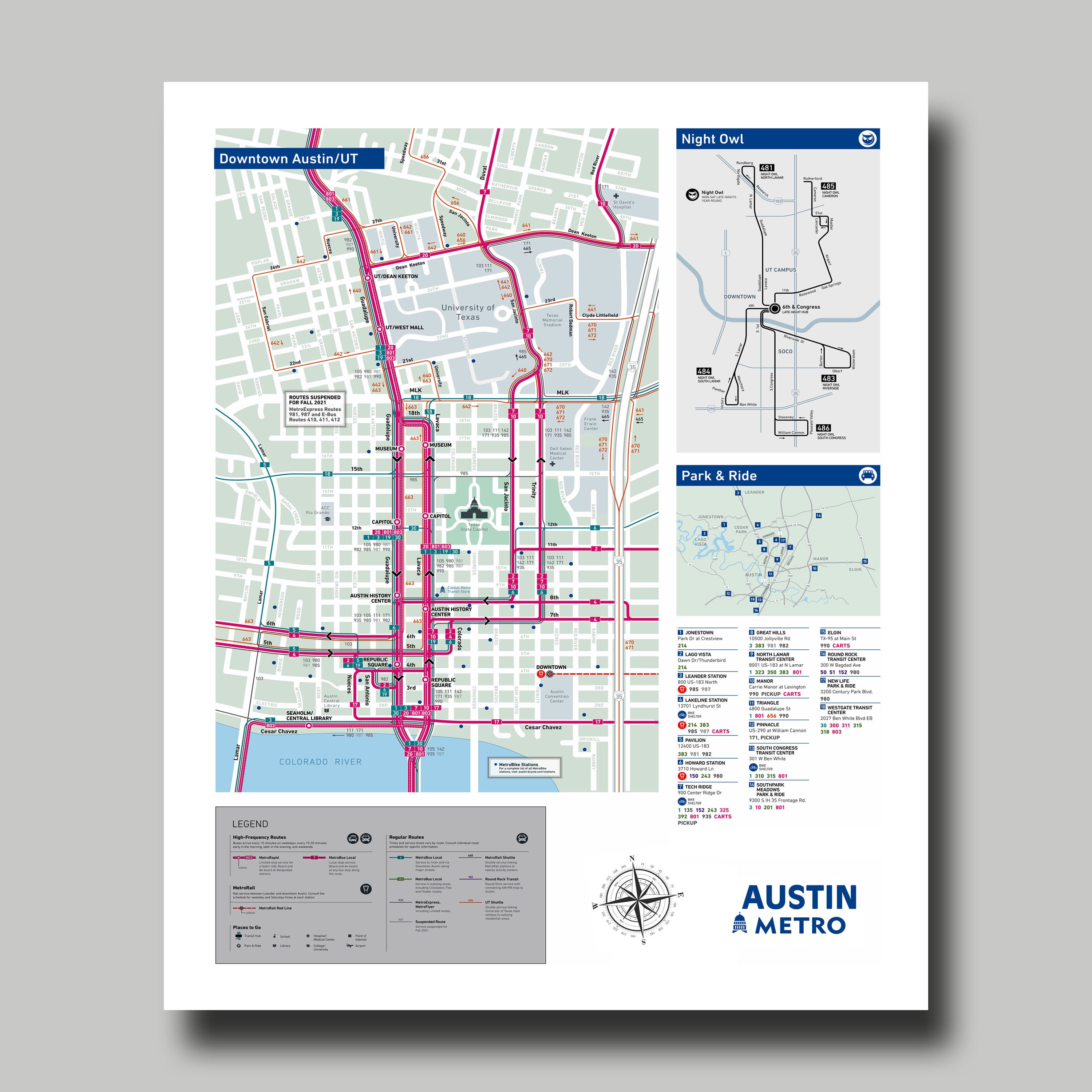 Austin Texas Downtown Map Metro Map Bus Print image