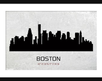 Boston Skyline Silhouette Grunge Print Poster Map