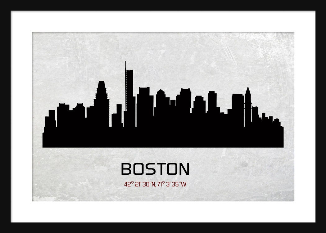 Boston Skyline Silhouette Grunge Print Poster Map